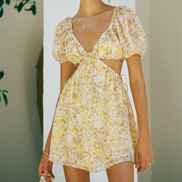 NWT SABO SKIRT Eilish Puff Sleeve Cutout Mini Dress Yellow Floral, Sz S - Picture 1 of 10